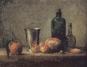 Jean Baptiste Simeon Chardin Orange silver apple pears and two glasses of wine bottles Spain oil painting reproduction
